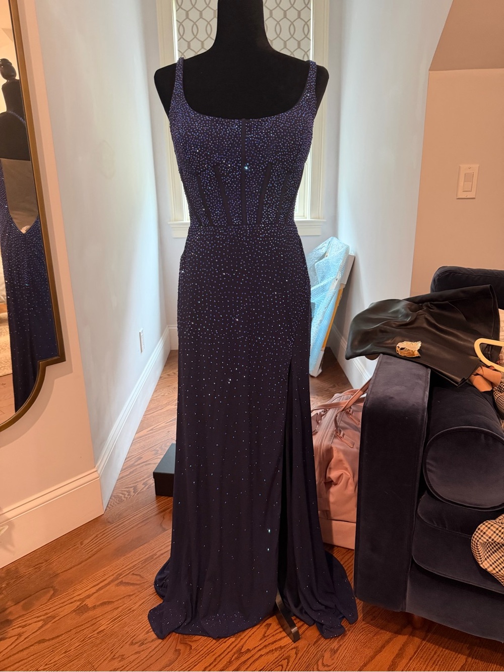 Elegant Navy Embellished Maxi Dress with Scoop Neck